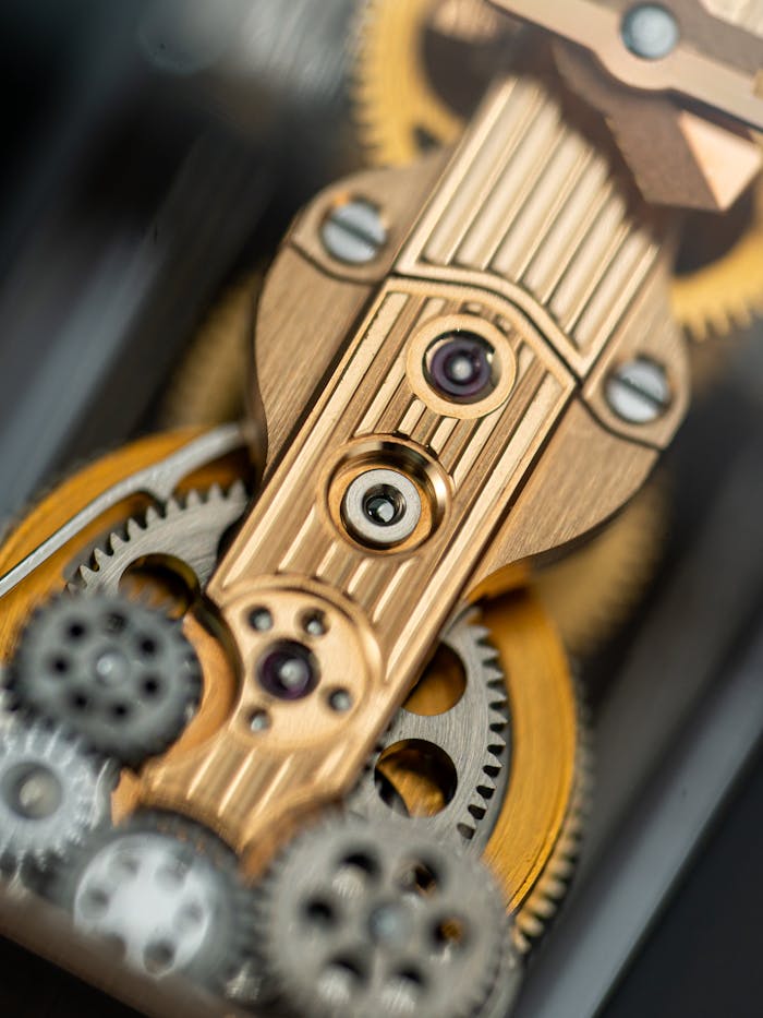 Detailed macro shot of mechanical watch gears showcasing precision engineering.