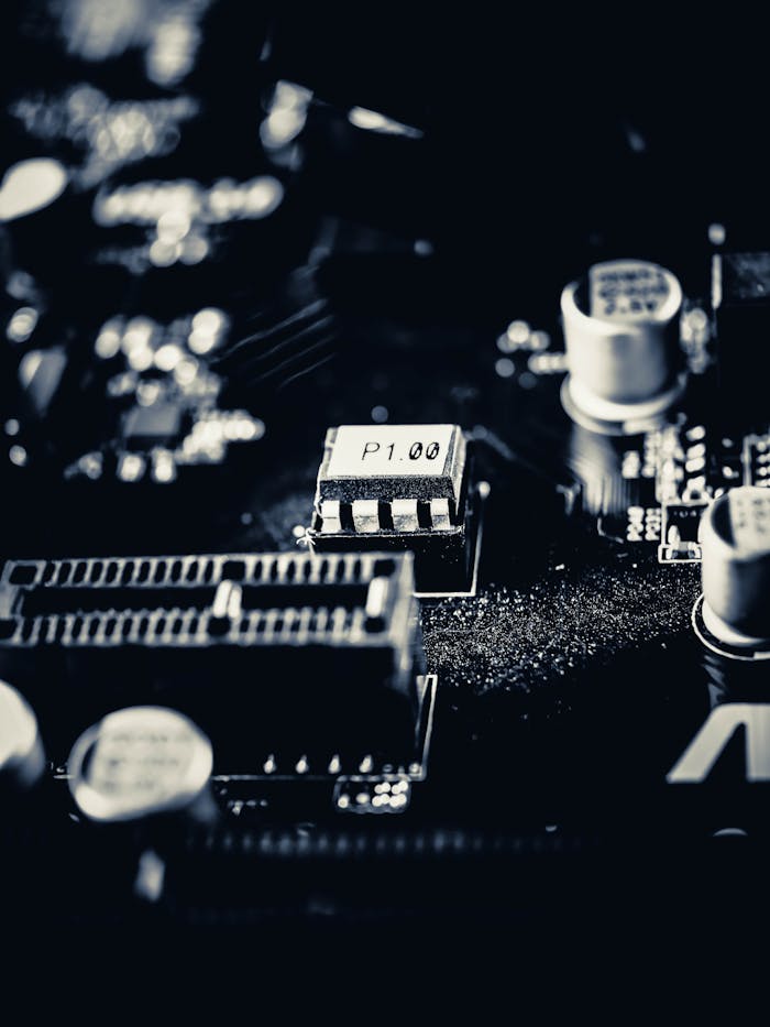 Detailed macro shot of a modern computer motherboard showcasing components and circuits.